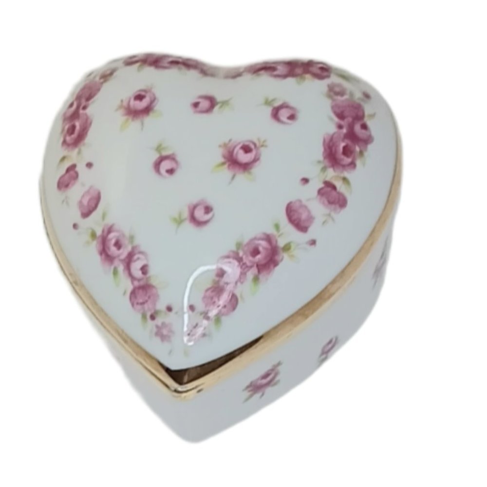 Lefton Heart Shaped Trinket Box Pink Flowers Gold Trim Jewlery Box